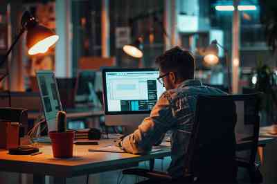 © BB_Stock - stock.adobe.com Mann sitzt an seinem Arbeitsplatz mit zwei Bildschirmen