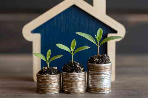 Holzhäuschen mit Münztürmen und Pflanzensprösslingen davor